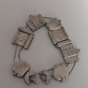 Vintage School Teacher Days Charm Slider Bracelet Apple Schoolhouse Pencil Board